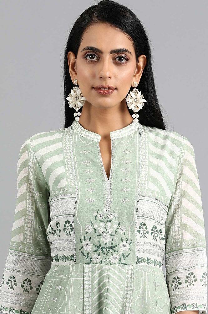 Green Mandarin Neck Printed kurta - wforwoman