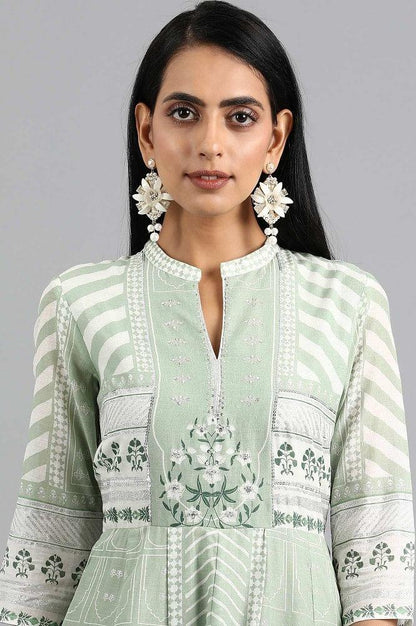 Green Mandarin Neck Printed kurta - wforwoman