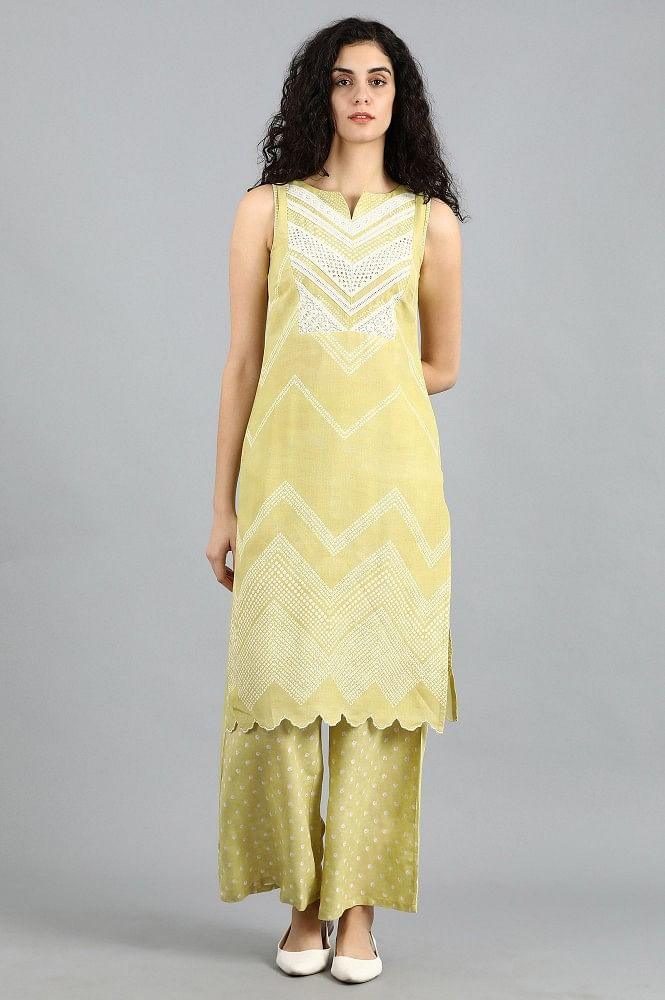 Yellow Round Neck Printed kurta - wforwoman