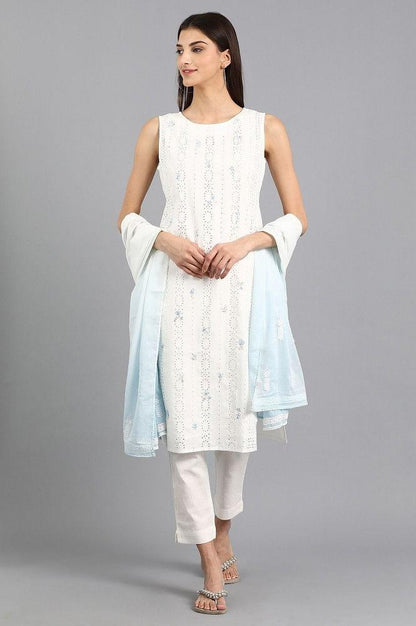 White Round Neck Printed kurta - wforwoman