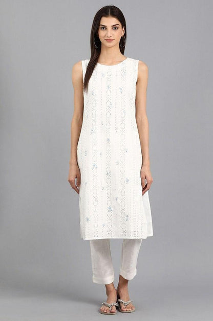 White Round Neck Printed kurta - wforwoman