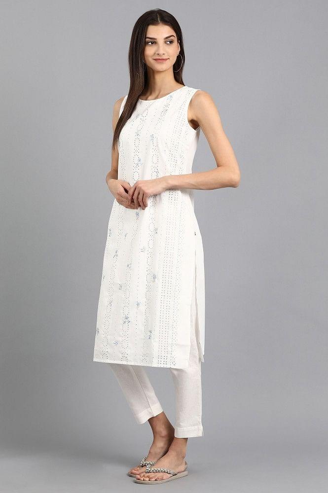 White Round Neck Printed kurta - wforwoman