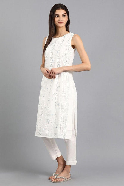 White Round Neck Printed kurta - wforwoman