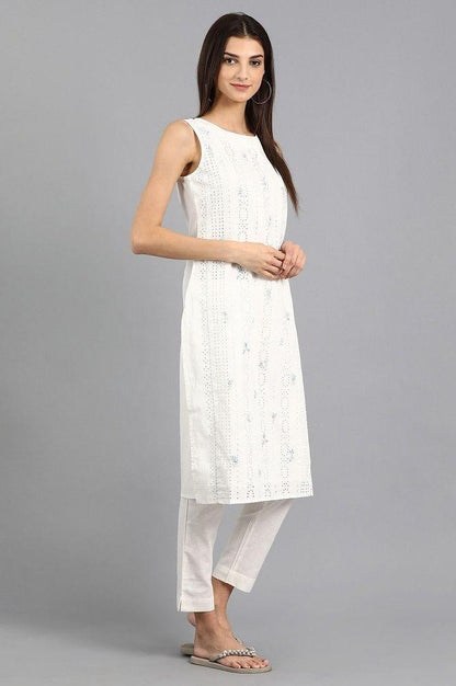 White Round Neck Printed kurta - wforwoman