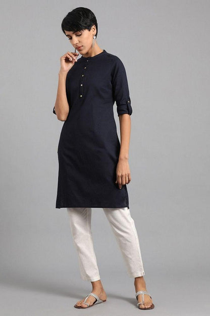 Navy Blue Mandarin Neck Solid kurta - wforwoman