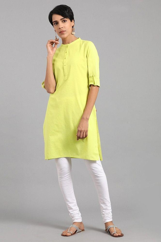 Lime Green Mandarin Neck Solid kurta - wforwoman