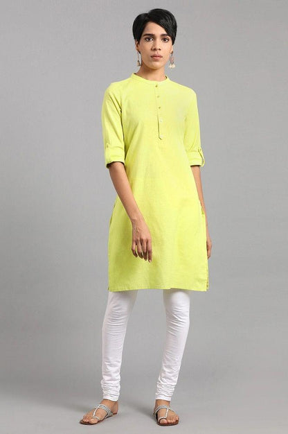 Lime Green Mandarin Neck Solid kurta - wforwoman