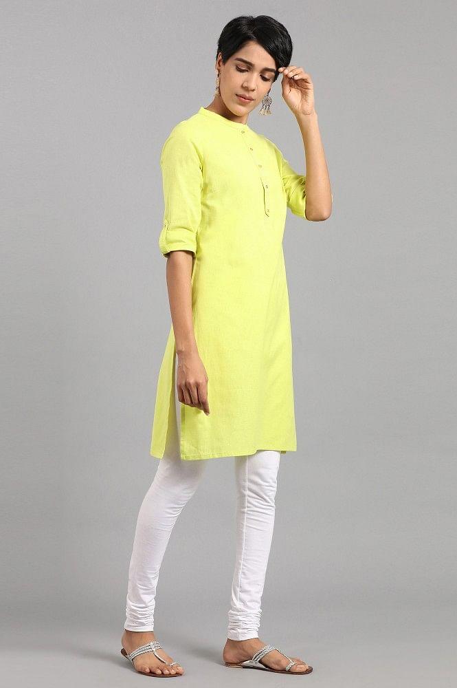 Lime Green Mandarin Neck Solid kurta - wforwoman