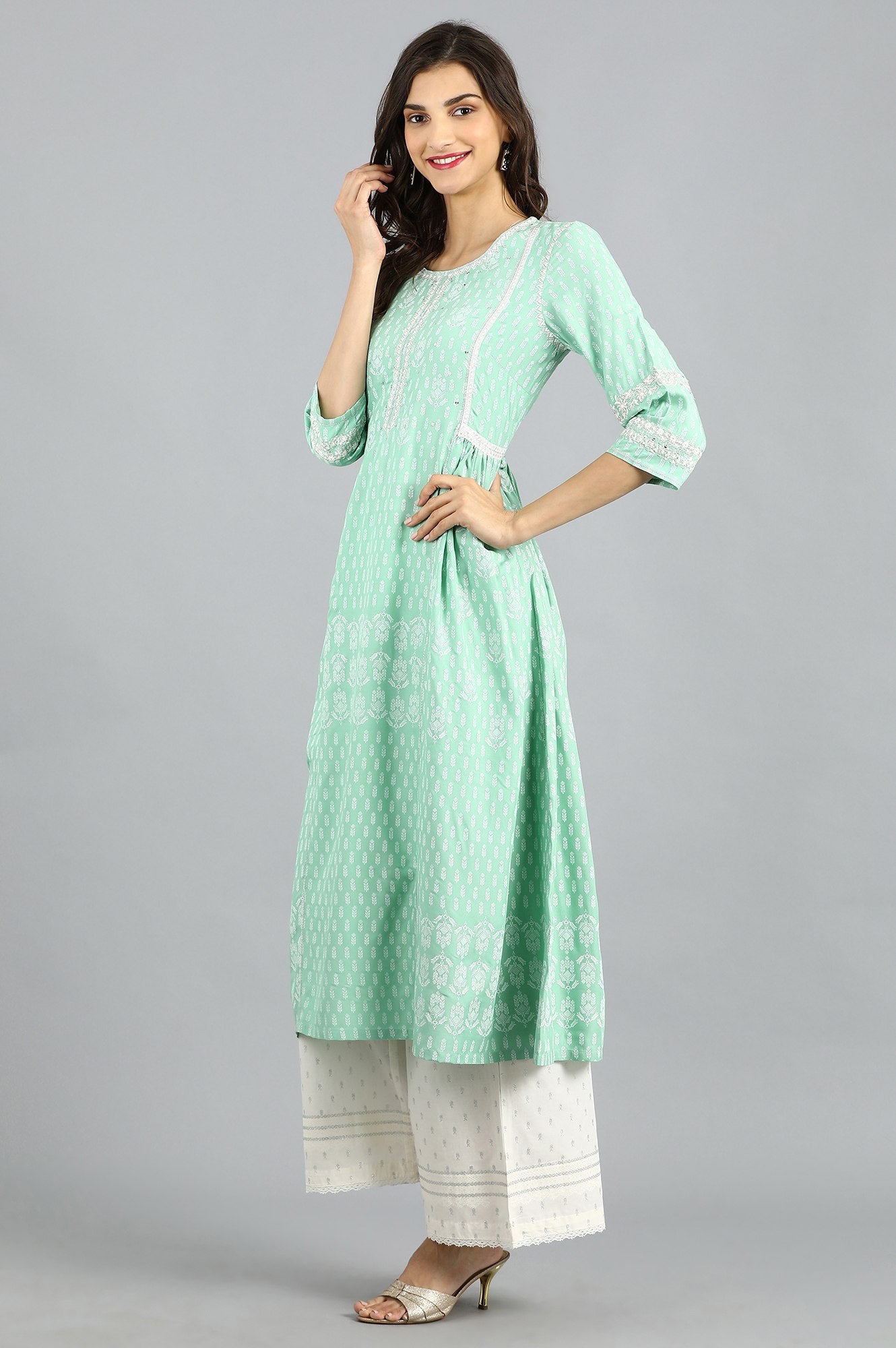 Green Round Neck Printed kurta