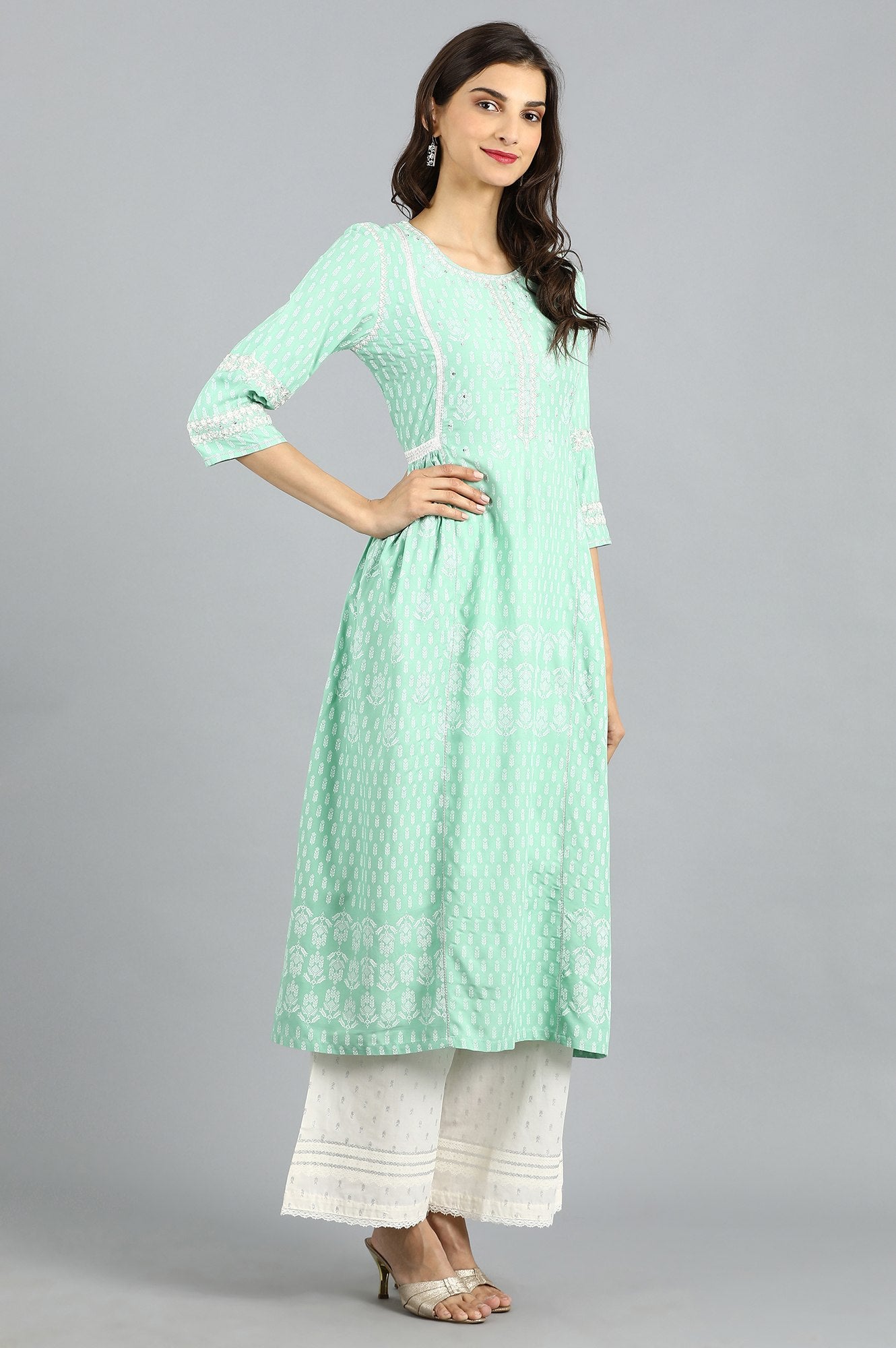 Green Round Neck Printed kurta