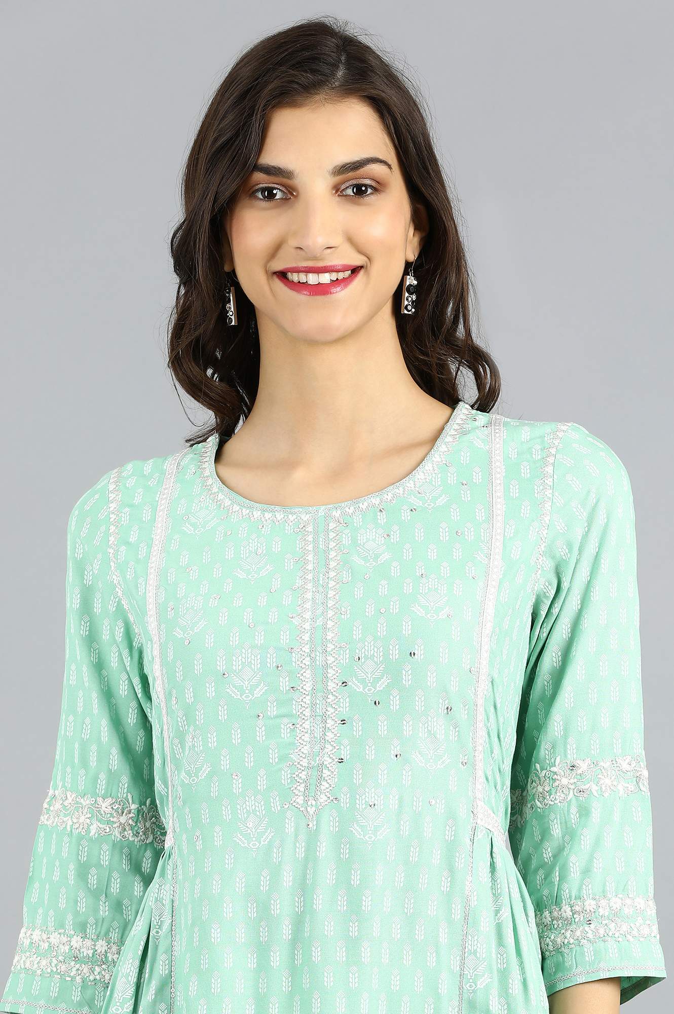 Green Round Neck Printed kurta