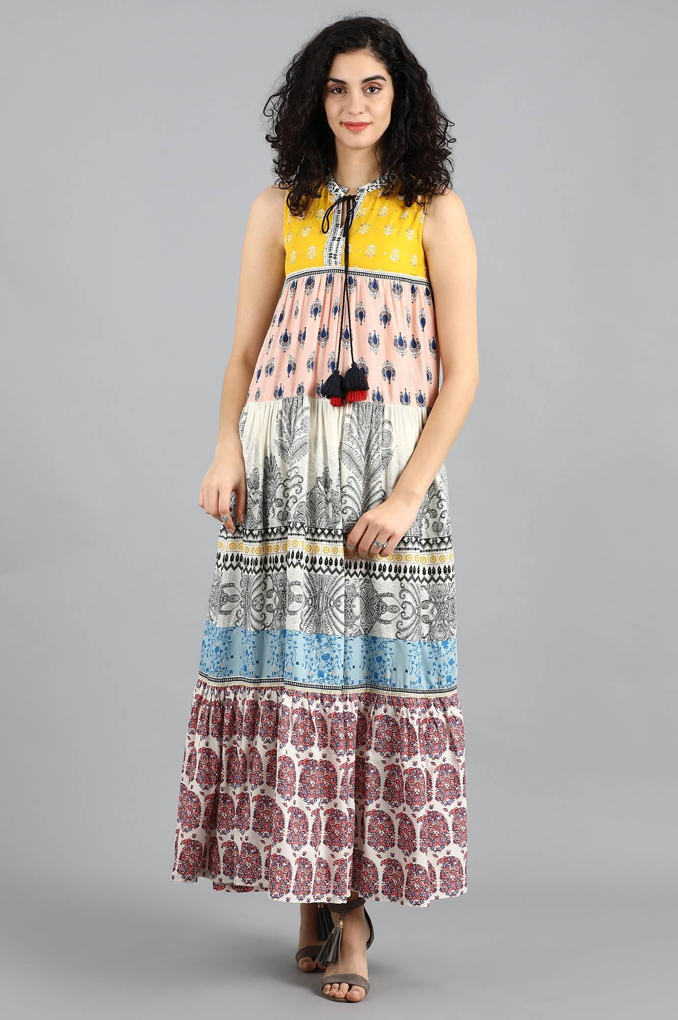 Yellow Mandarin Neck Yolo Dress - wforwoman