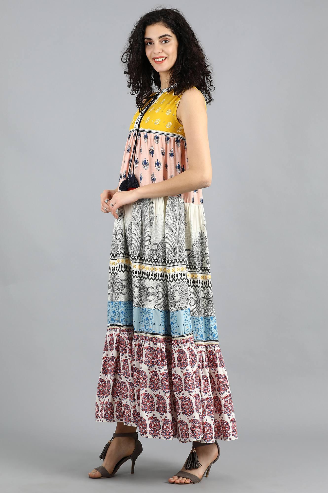 Yellow Mandarin Neck Yolo Dress - wforwoman