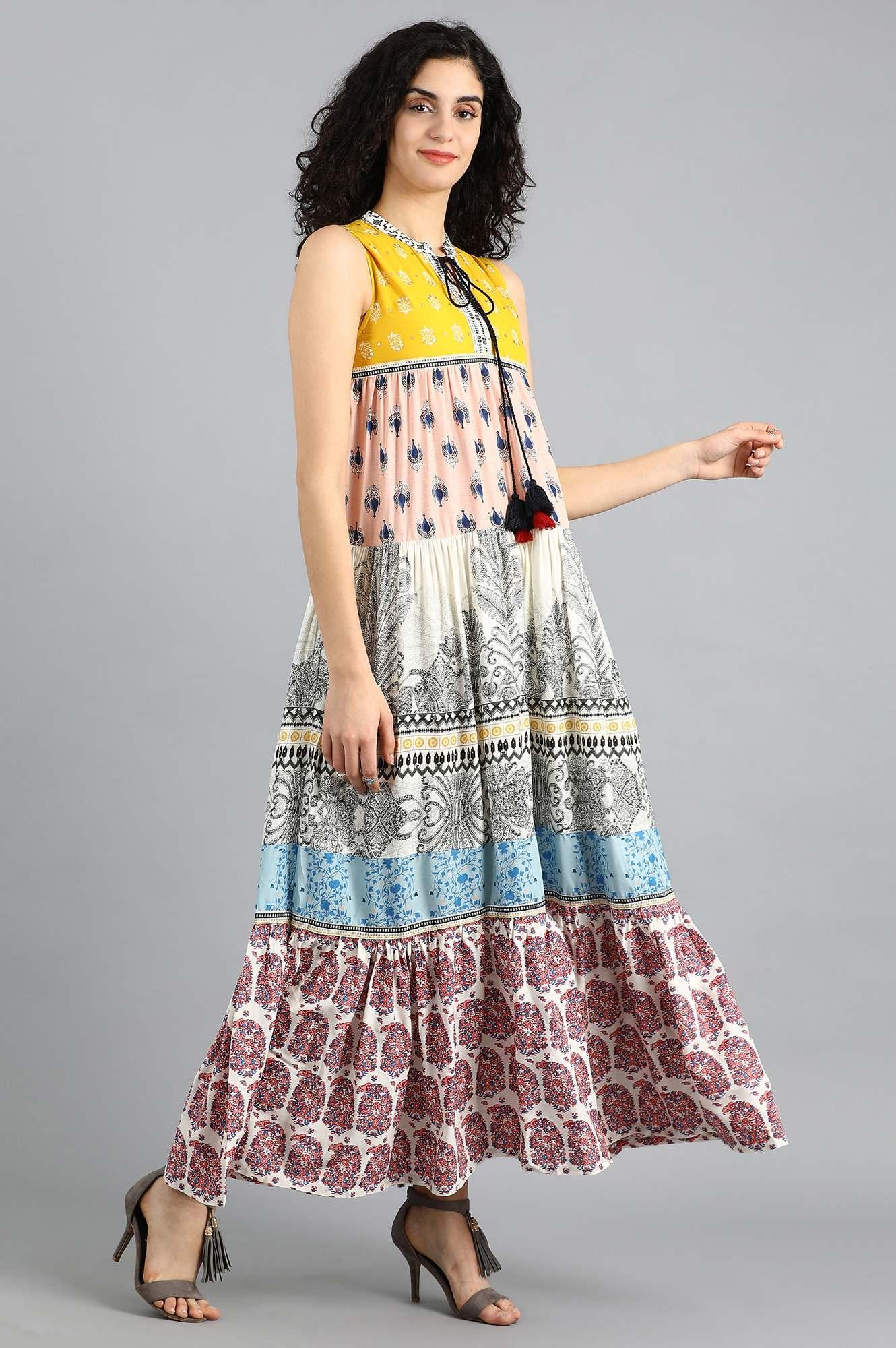 Yellow Mandarin Neck Yolo Dress - wforwoman