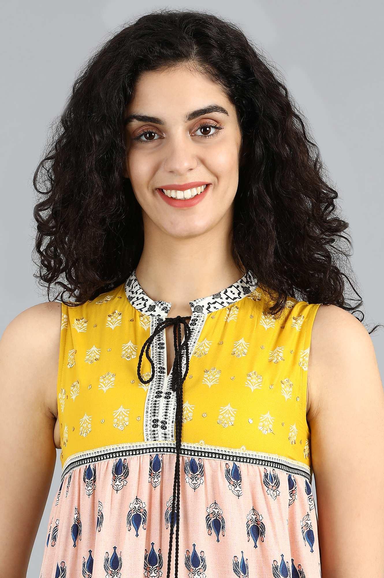 Yellow Mandarin Neck Yolo Dress - wforwoman