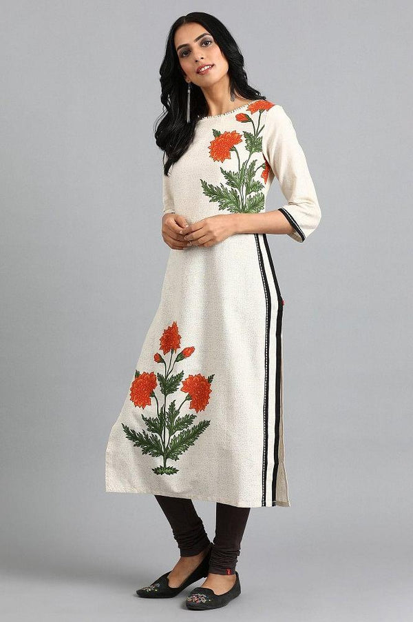 Beige Round Neck Printed kurta