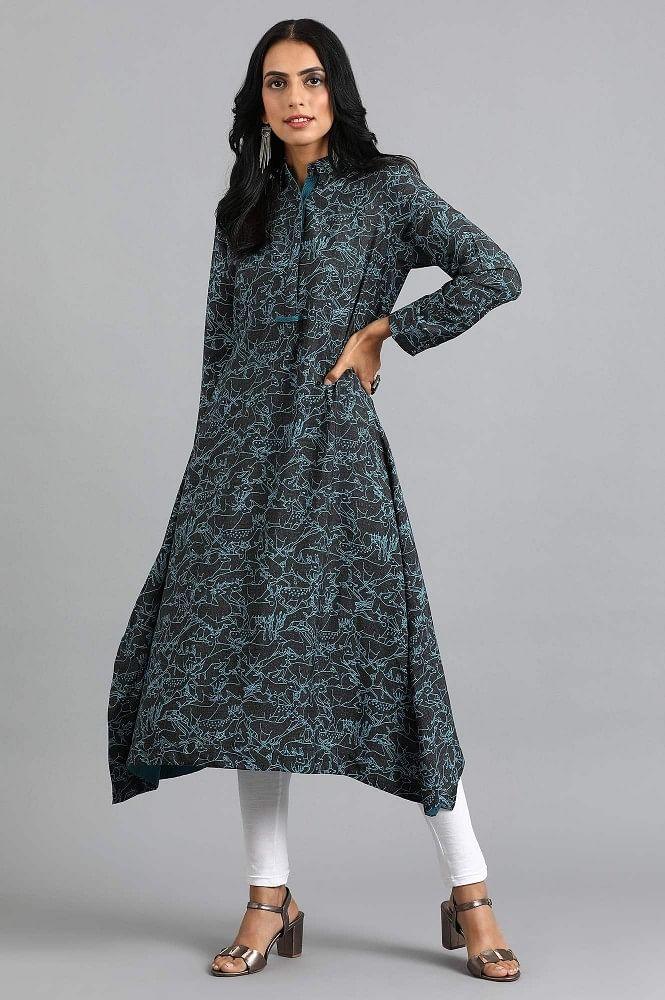 Black Collar Neck Printed kurta - wforwoman