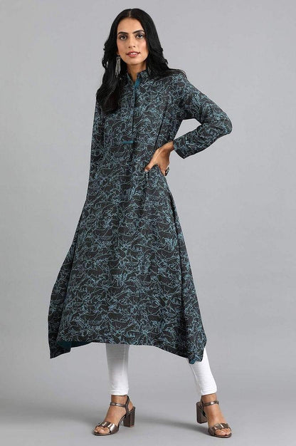 Black Collar Neck Printed kurta - wforwoman
