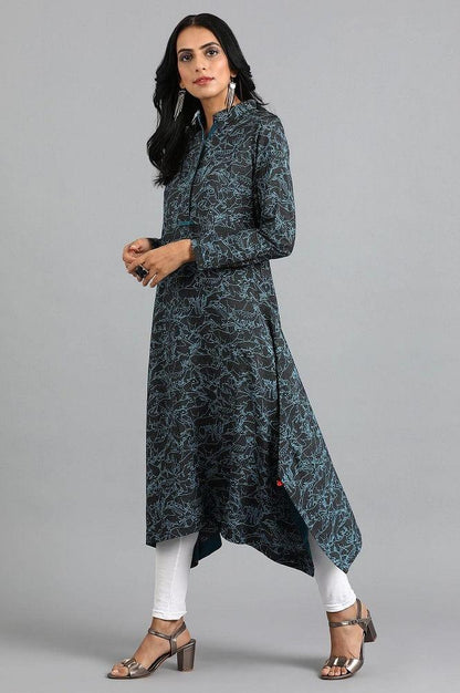Black Collar Neck Printed kurta - wforwoman