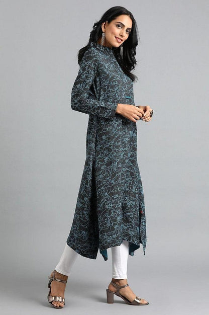 Black Collar Neck Printed kurta - wforwoman