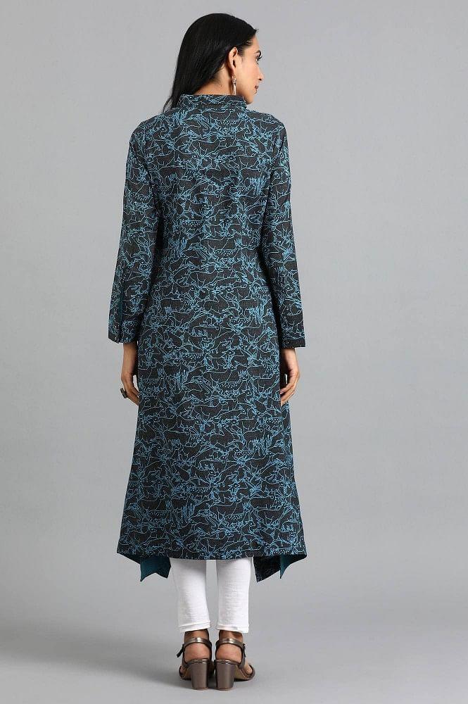 Black Collar Neck Printed kurta - wforwoman
