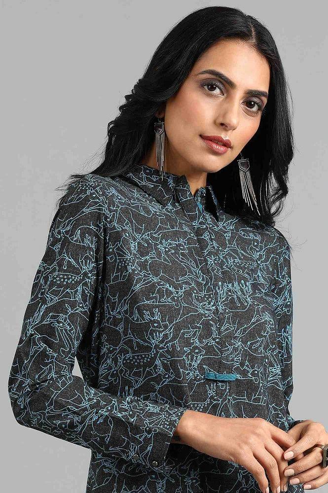 Black Collar Neck Printed kurta - wforwoman