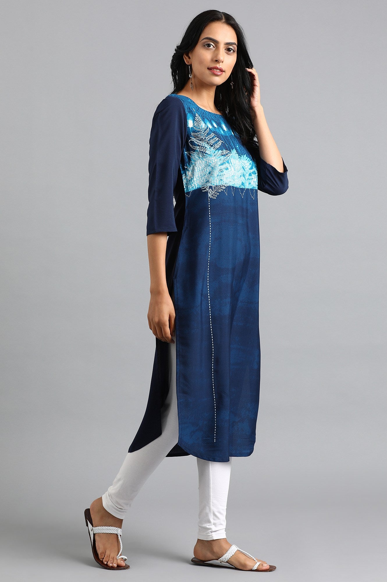 Blue Round Neck Printed kurta