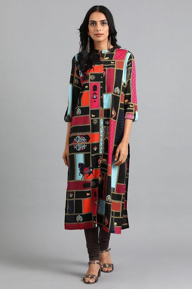 Black Mandarin Neck Printed kurta - wforwoman