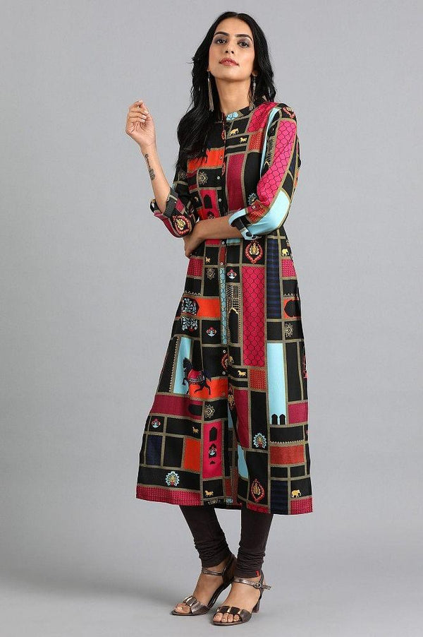 Black Mandarin Neck Printed kurta