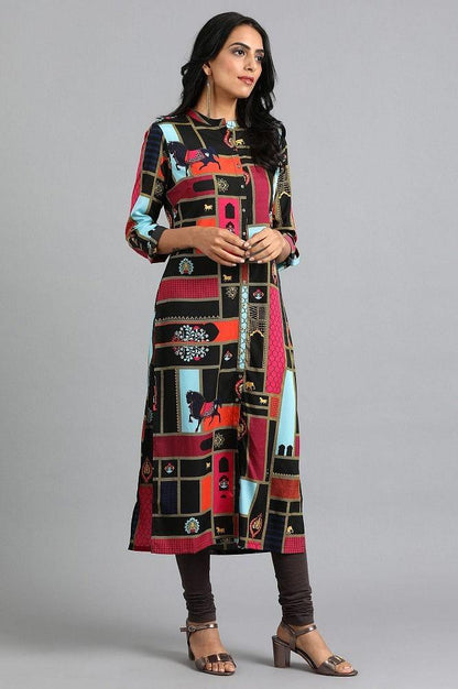 Black Mandarin Neck Printed kurta - wforwoman