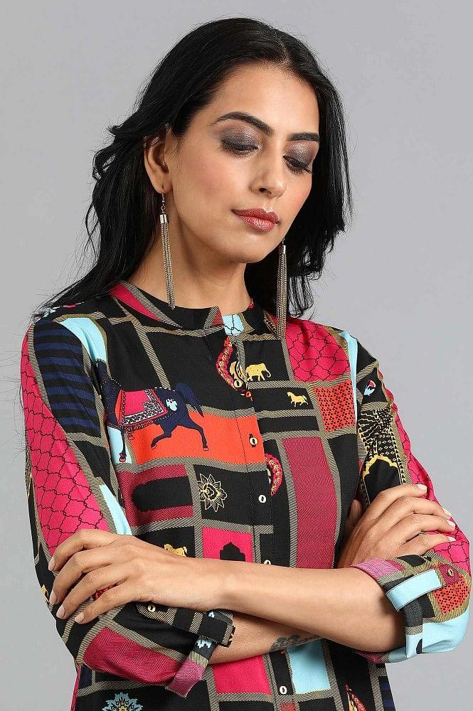 Black Mandarin Neck Printed kurta - wforwoman