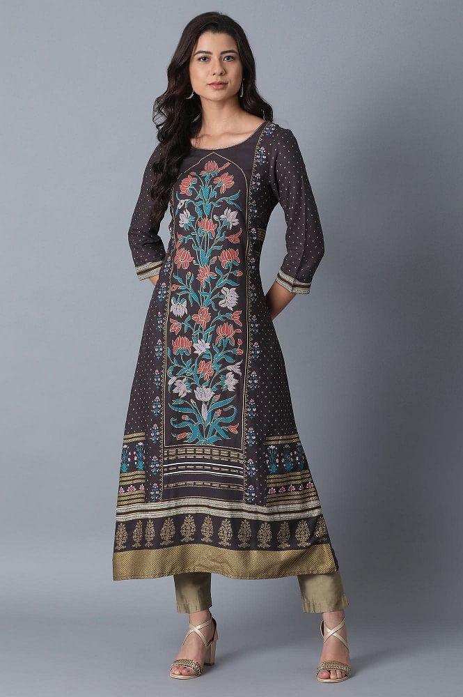 Blue Printed A-Line kurta - wforwoman