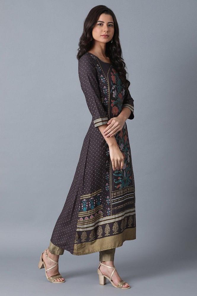 Blue Printed A-Line kurta - wforwoman