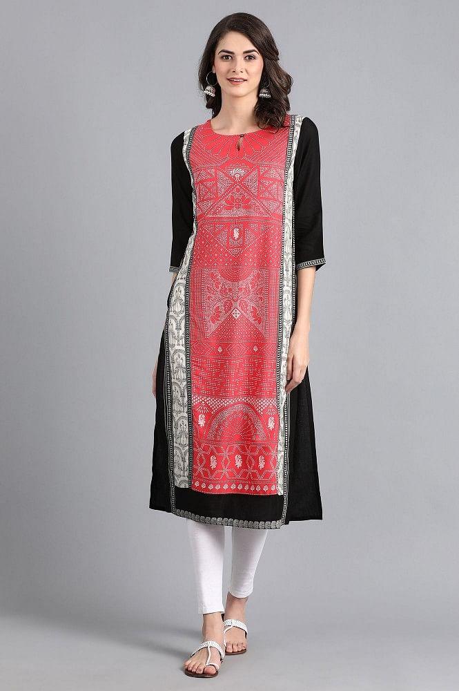 Red Round Neck Printed kurta - wforwoman
