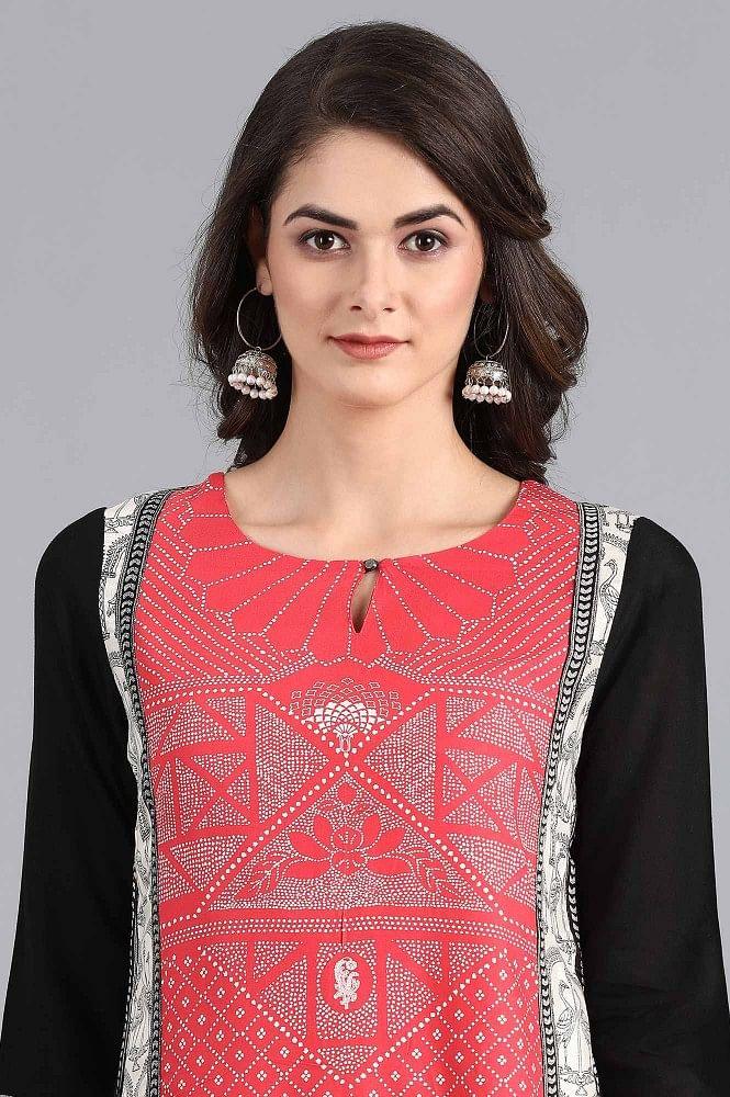 Red Round Neck Printed kurta - wforwoman
