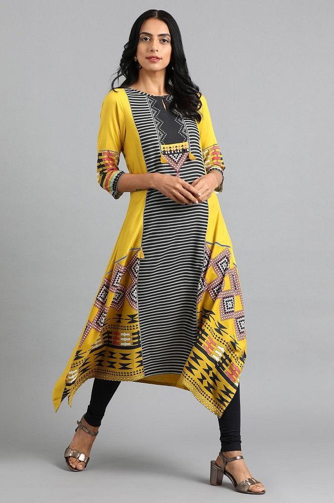 Yellow Round Neck Printed kurta - wforwoman