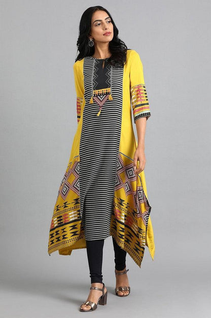 Yellow Round Neck Printed kurta - wforwoman
