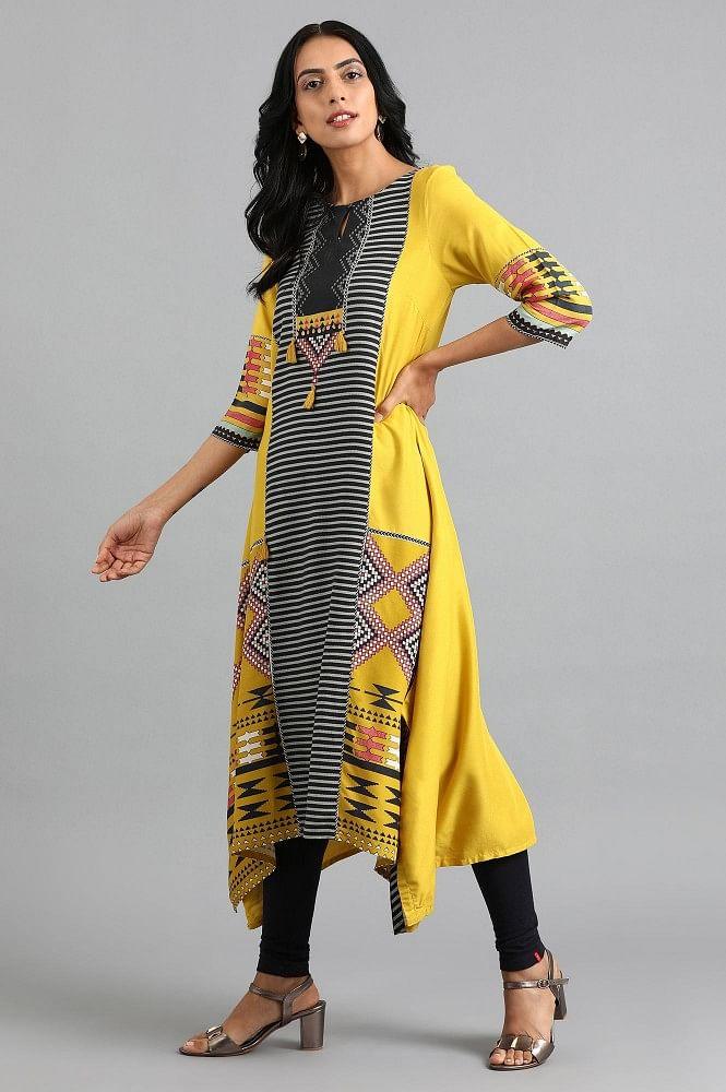 Yellow Round Neck Printed kurta - wforwoman