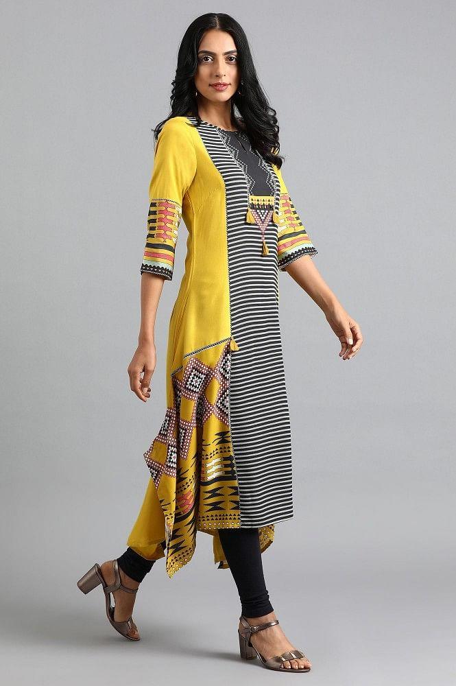 Yellow Round Neck Printed kurta - wforwoman