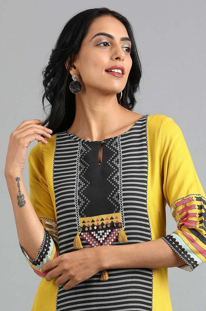 Yellow Round Neck Printed kurta - wforwoman