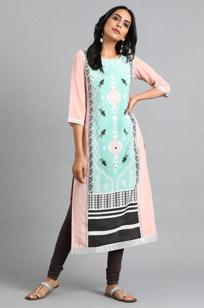 Green Round Neck Printed kurta - wforwoman