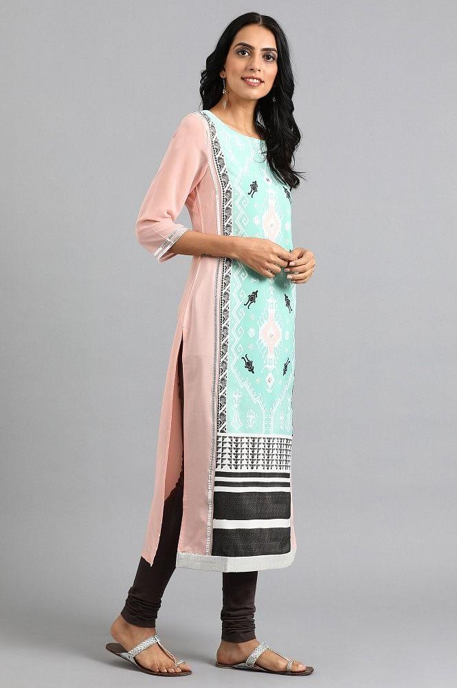 Green Round Neck Printed kurta - wforwoman