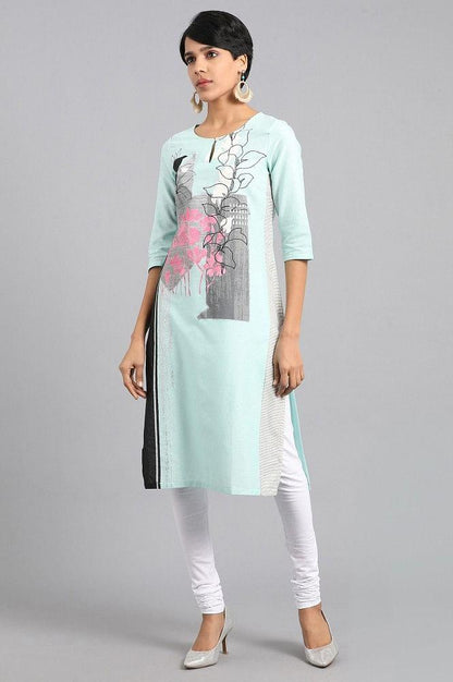 Blue Round Neck Printed kurta - wforwoman