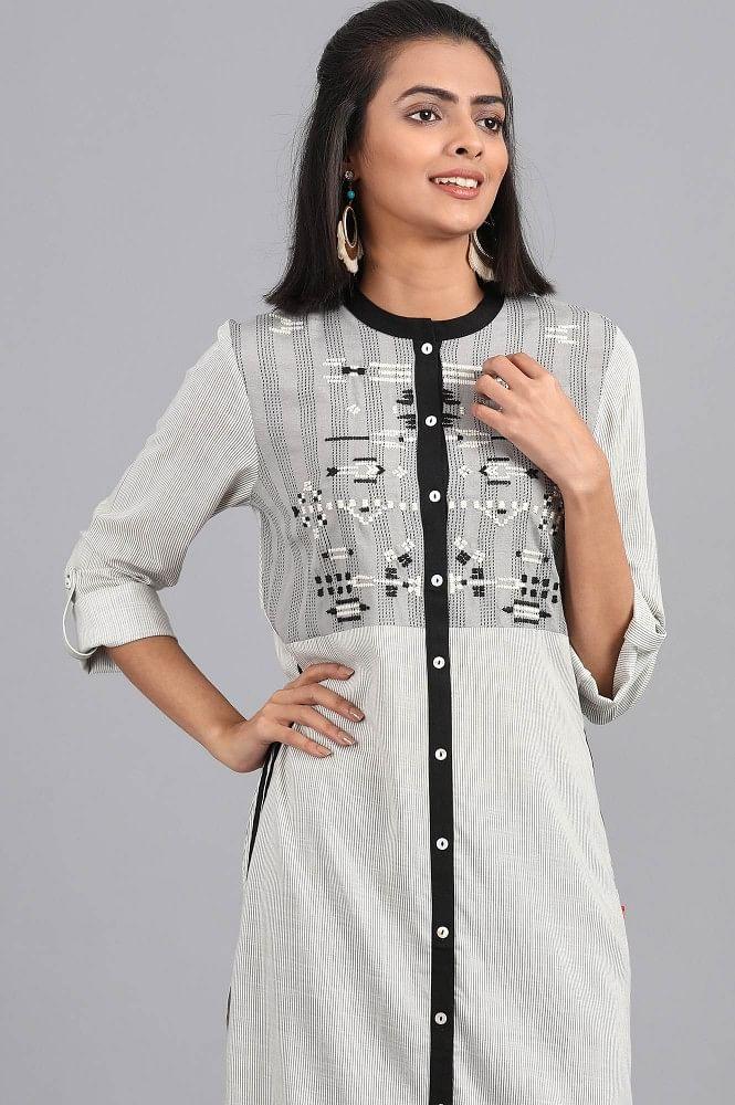 White Mandarin Neck Printed kurta - wforwoman