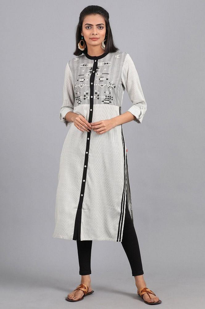 White Mandarin Neck Printed kurta - wforwoman
