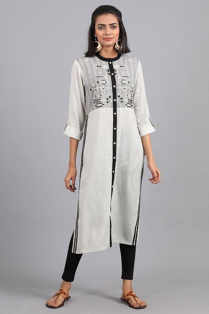 White Mandarin Neck Printed kurta - wforwoman