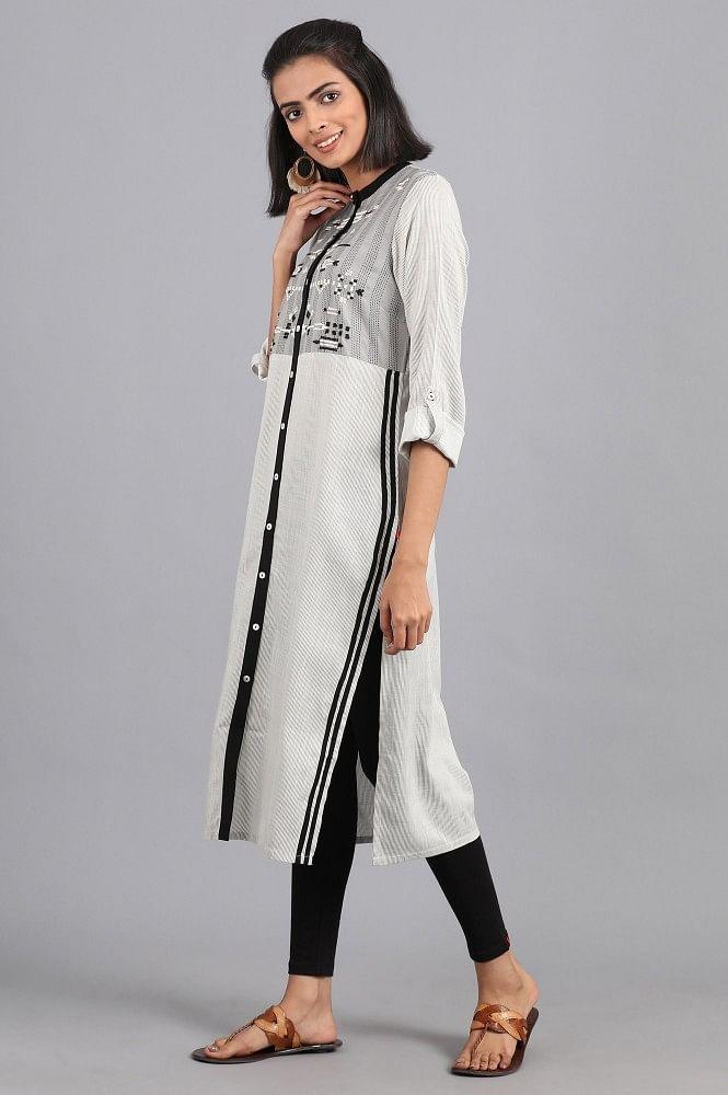 White Mandarin Neck Printed kurta - wforwoman