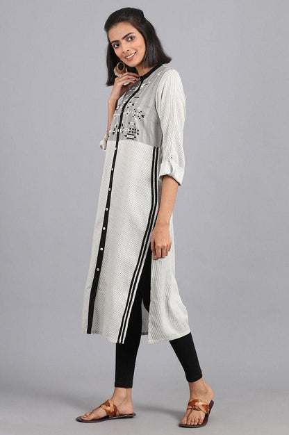 White Mandarin Neck Printed kurta - wforwoman