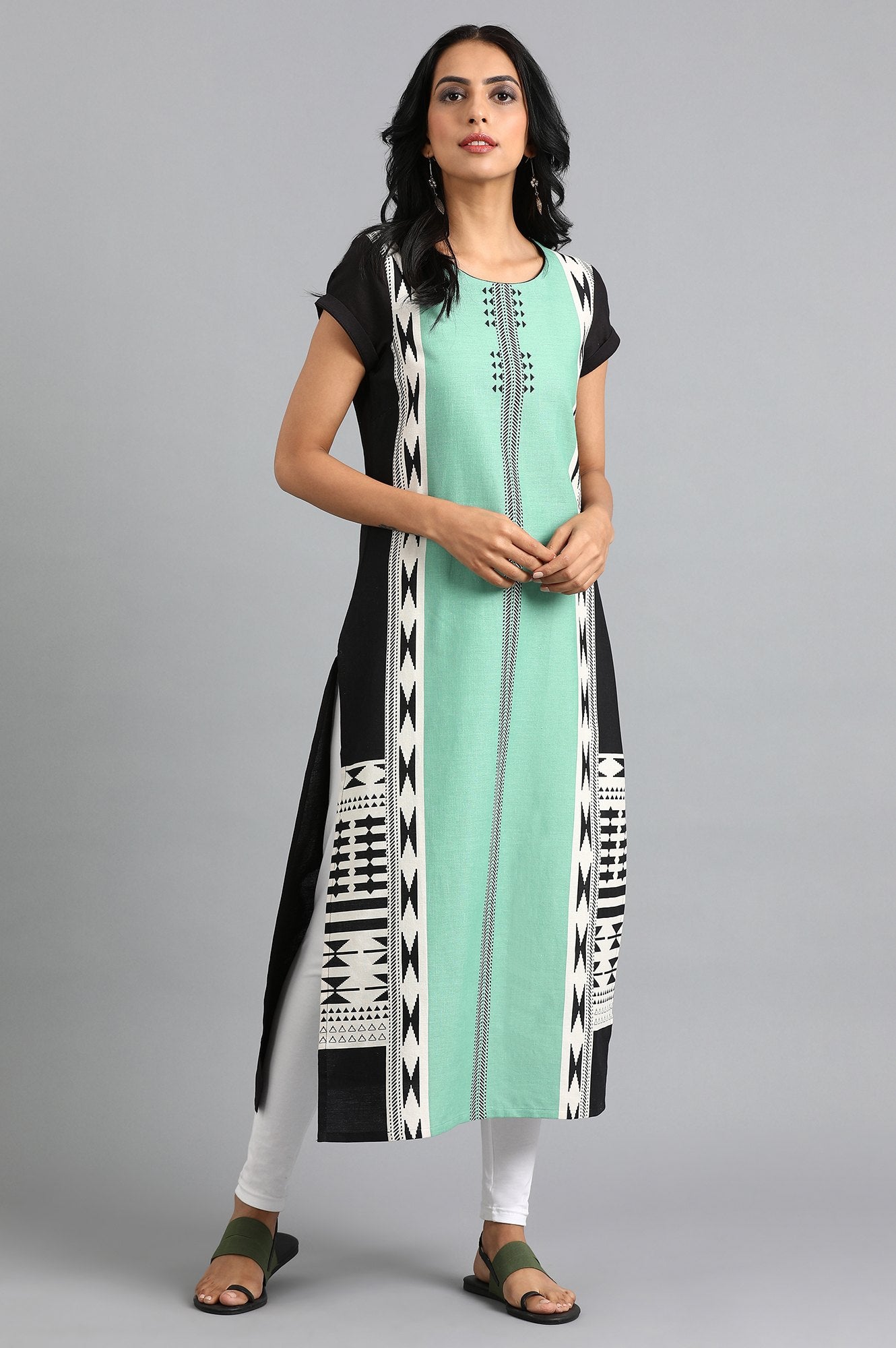 Green Round Neck Printed kurta