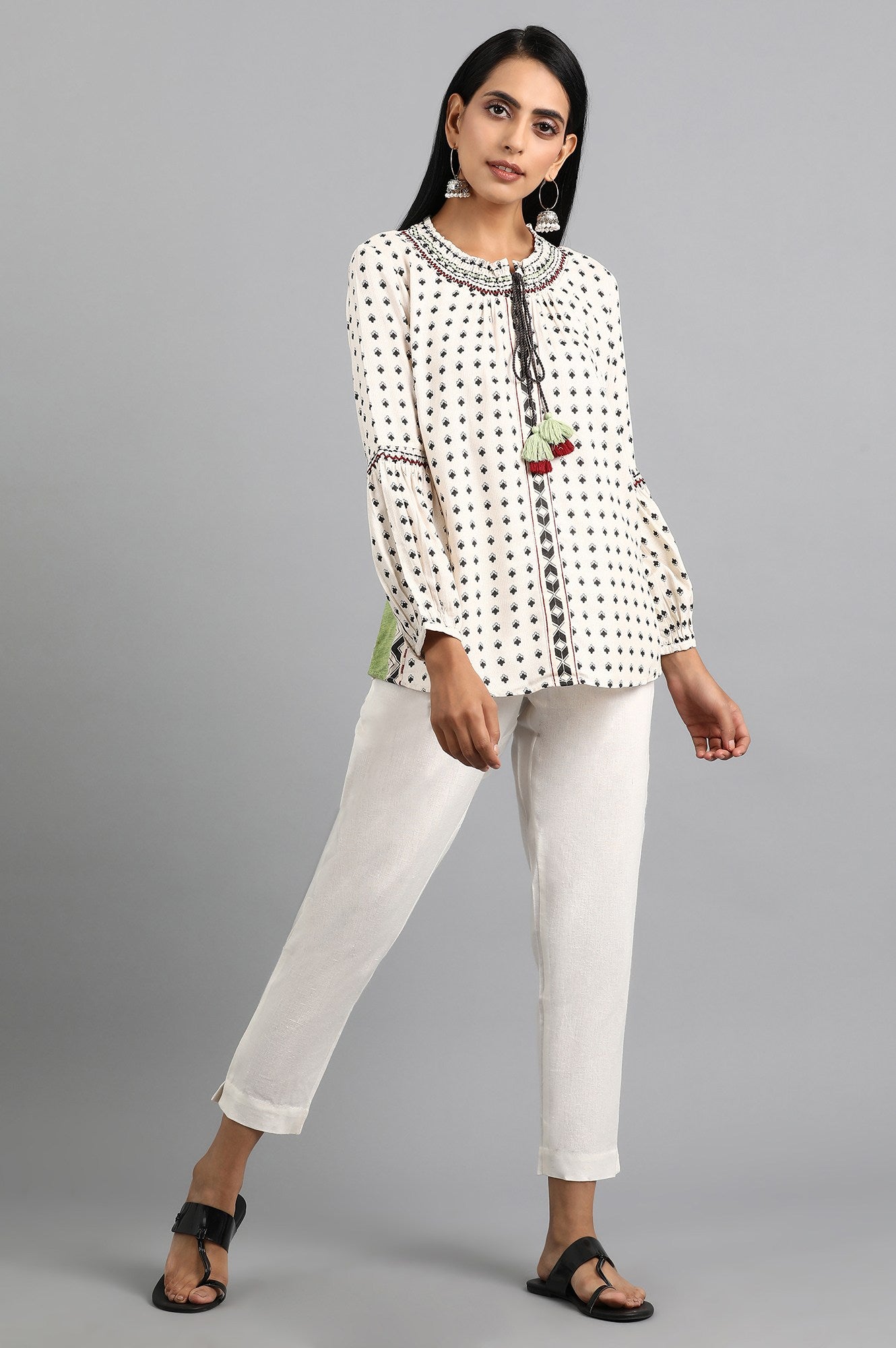 Off-White Round Neck Printed Top